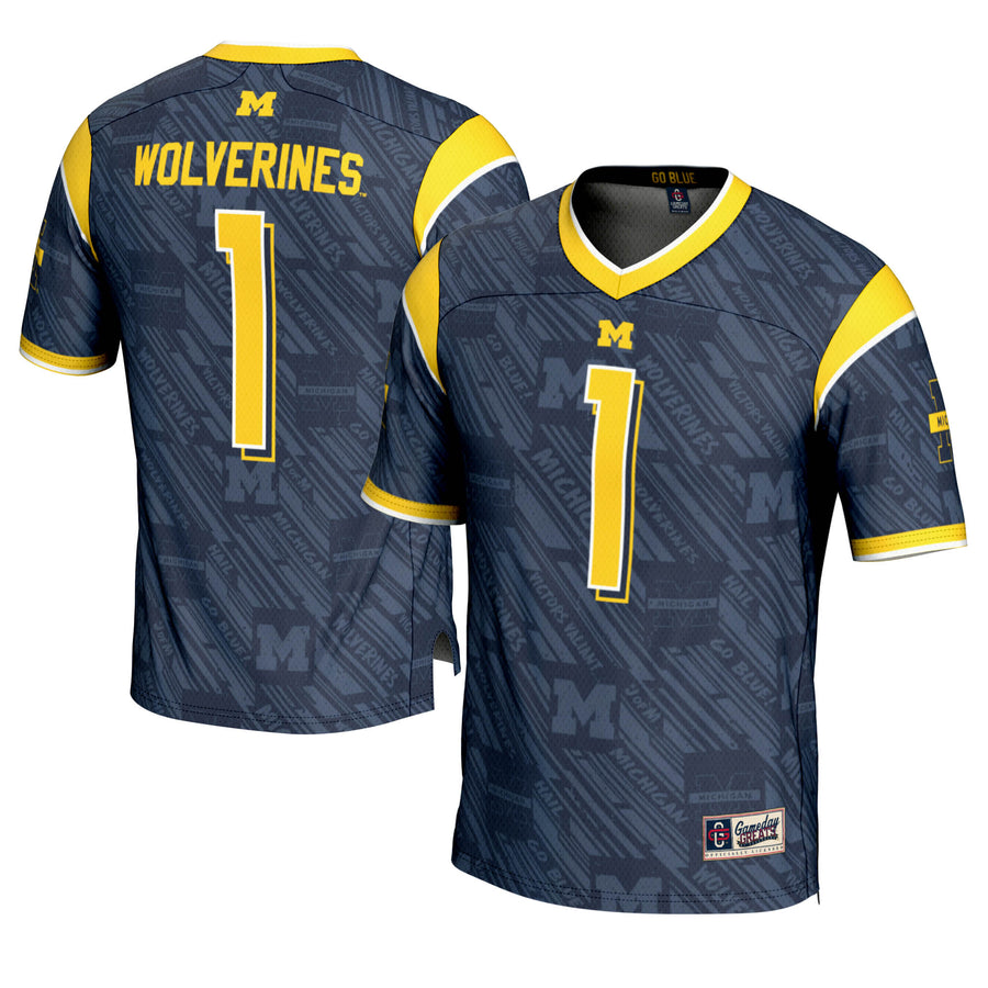 Men's GameDay Greats #1 Navy Michigan Wolverines Highlight Print Football Fashion Jersey