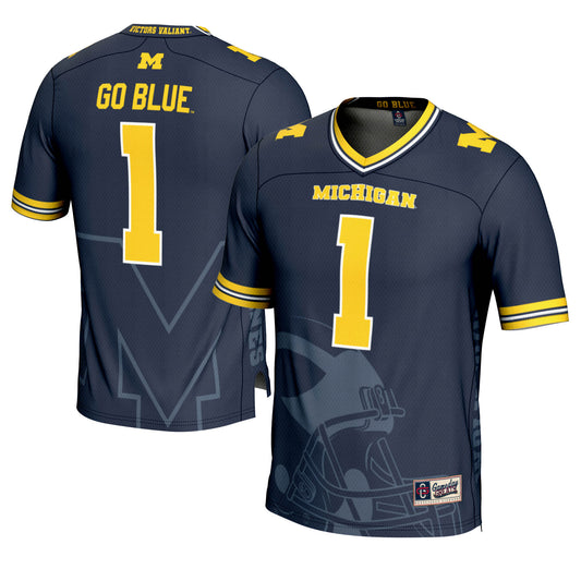 Men's GameDay Greats #1 Navy Michigan Wolverines Icon Print Football Fashion Jersey