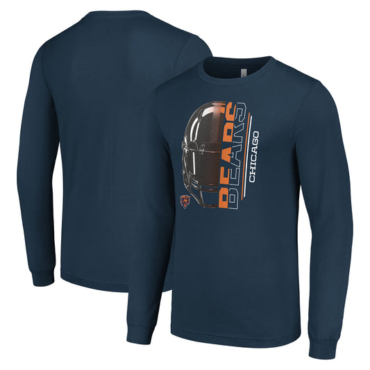 Men's Starter Navy Chicago Bears Half Helmet Logo Long Sleeve T-Shirt