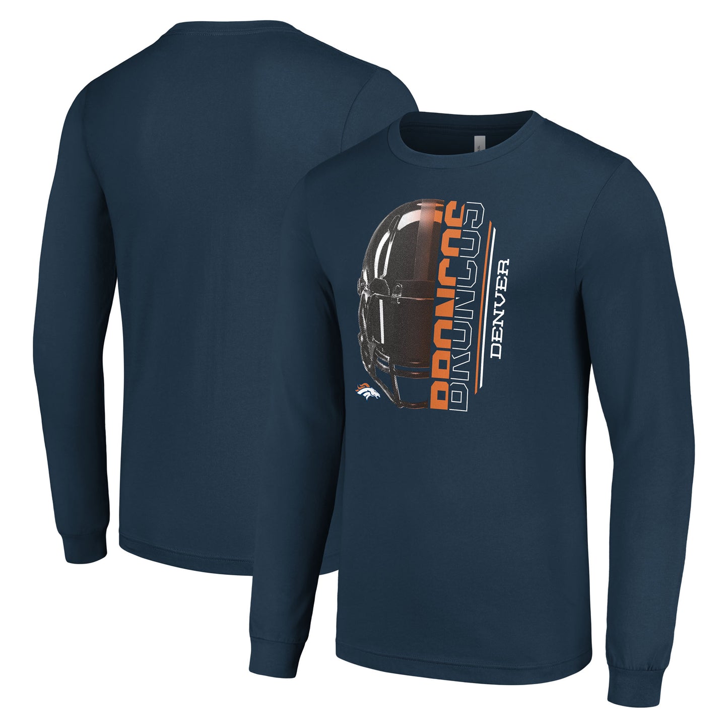 Men's Starter Navy Denver Broncos Half Helmet Logo Long Sleeve T-Shirt