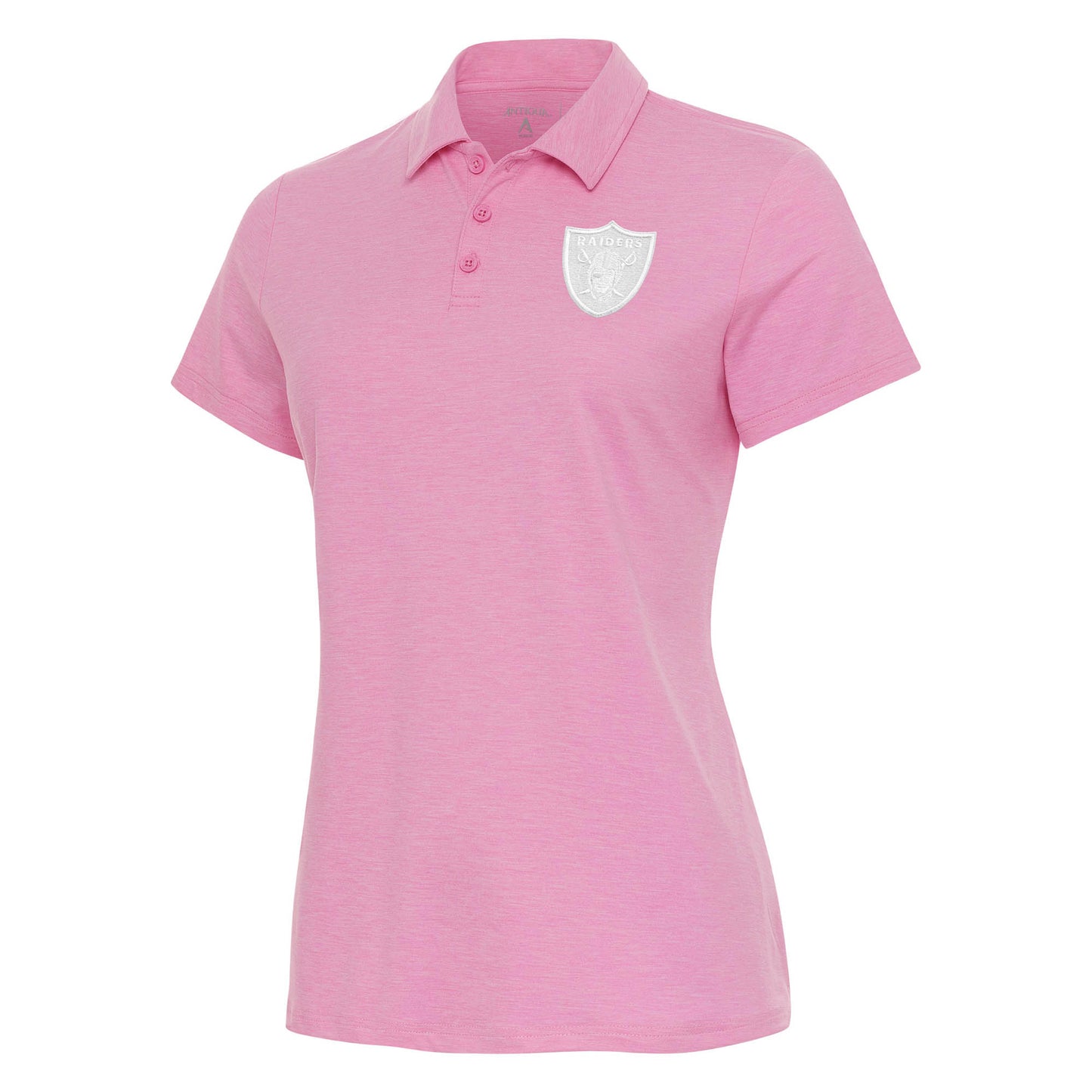 Women's Antigua Pink Las Vegas Raiders White Logo Matter Polo