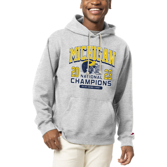 Men's League Collegiate Wear  Heather Gray Michigan Wolverines College Football Playoff 2023 National Champions Blocked Arch Essentials Fleece Pullover Hoodie