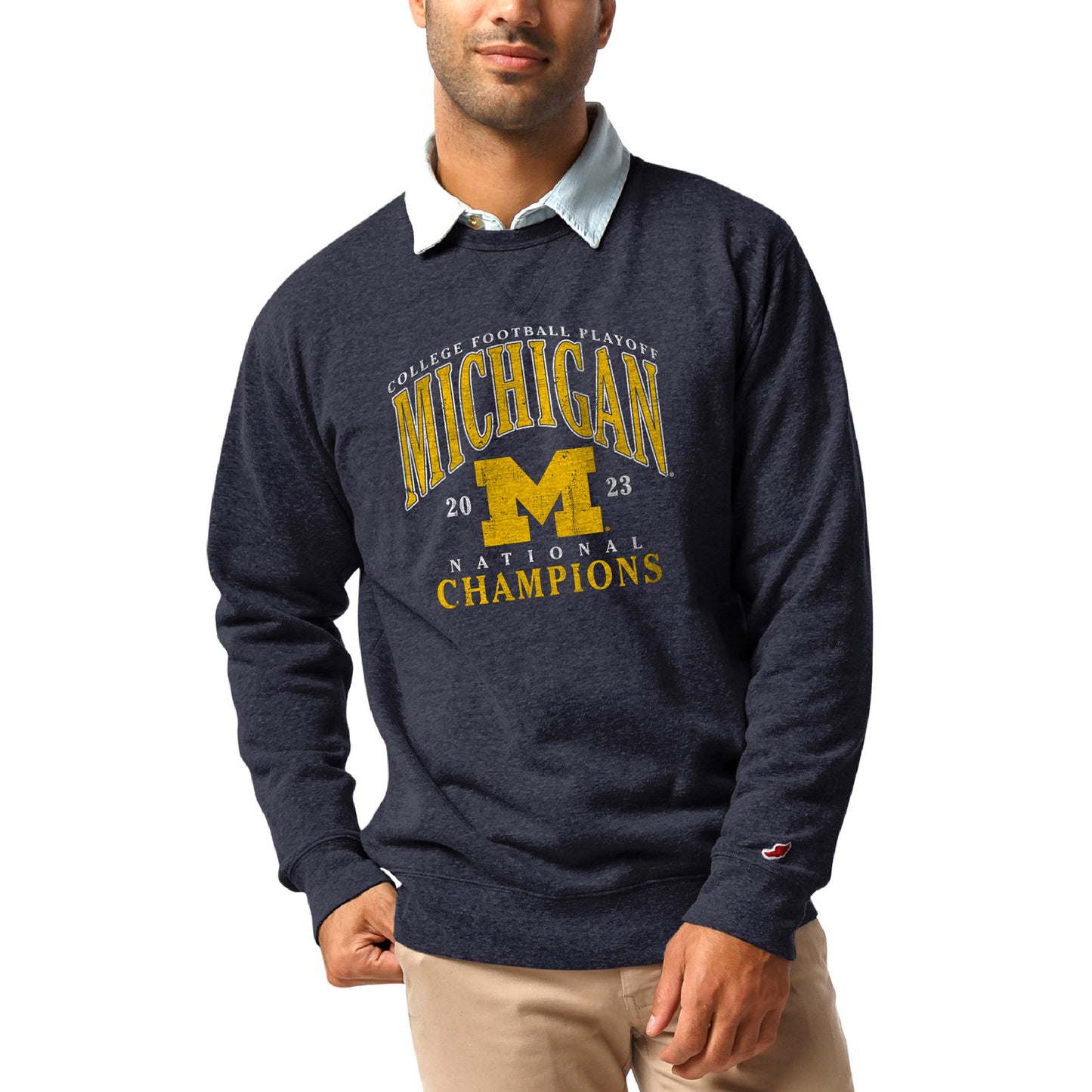 Men's League Collegiate Wear  Heather Navy Michigan Wolverines College Football Playoff 2023 National Champions Heritage Tri-Blend Fleece Pullover Sweatshirt