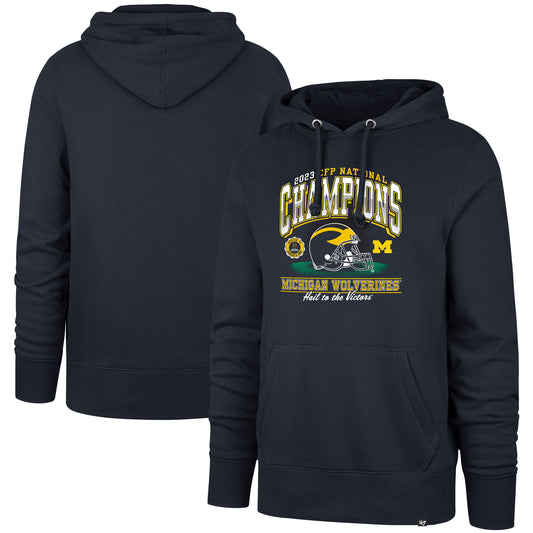 Men's '47 Navy Michigan Wolverines College Football Playoff 2023 National Champions Helmet Headline Pullover Hoodie