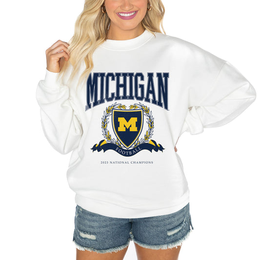 Women's Gameday Couture  White Michigan Wolverines College Football Playoff 2023 National Champions Premium Fleece Drop Shoulder Pullover Sweatshirt