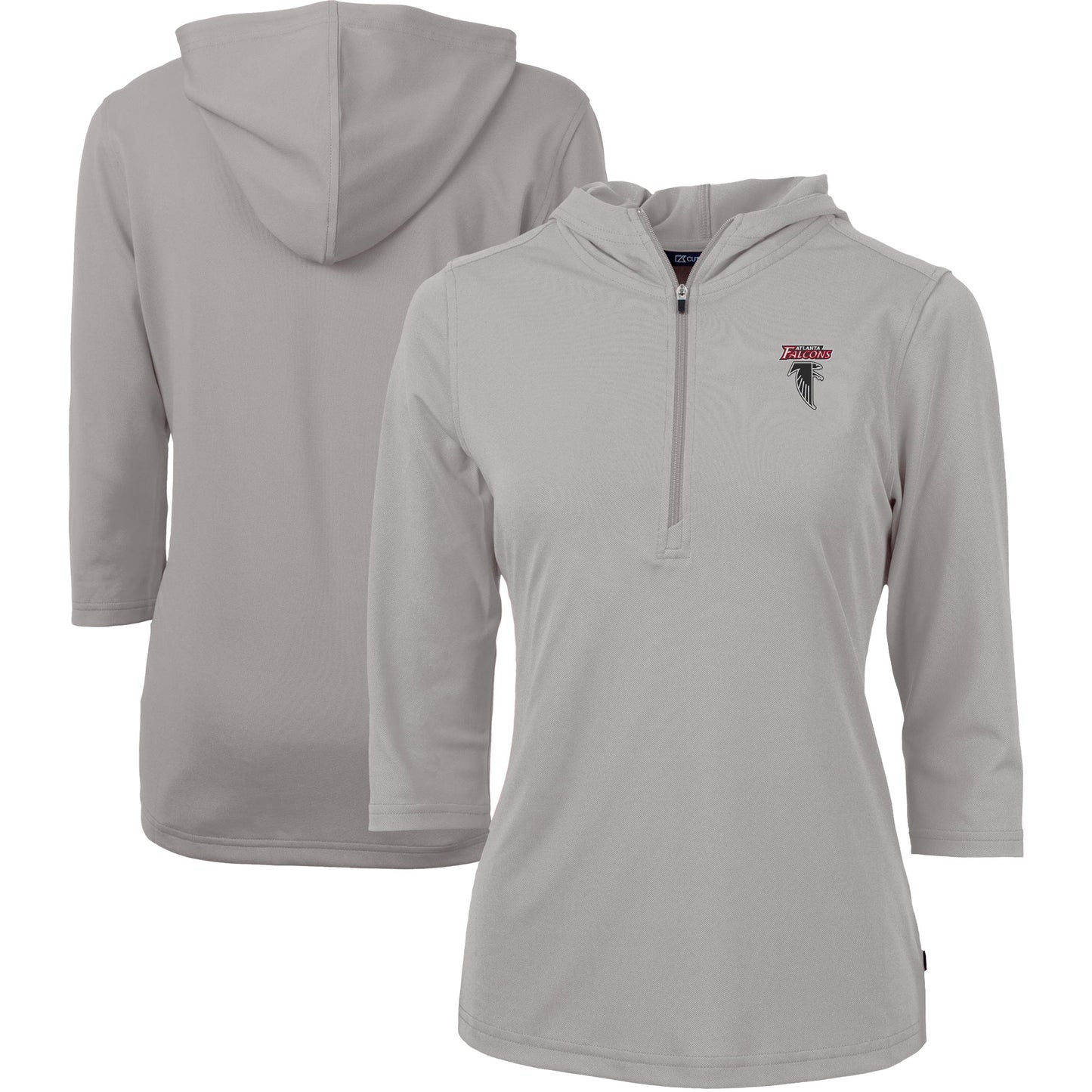 Women's Cutter & Buck Gray Atlanta Falcons Throwback Logo Virtue DryTec Eco Pique Recycled 3/4-Sleeve Half-Zip Pullover Hoodie