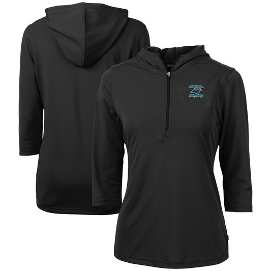 Women's Cutter & Buck Black Carolina Panthers Throwback Logo Virtue DryTec Eco Pique Recycled 3/4-Sleeve Half-Zip Pullover Hoodie