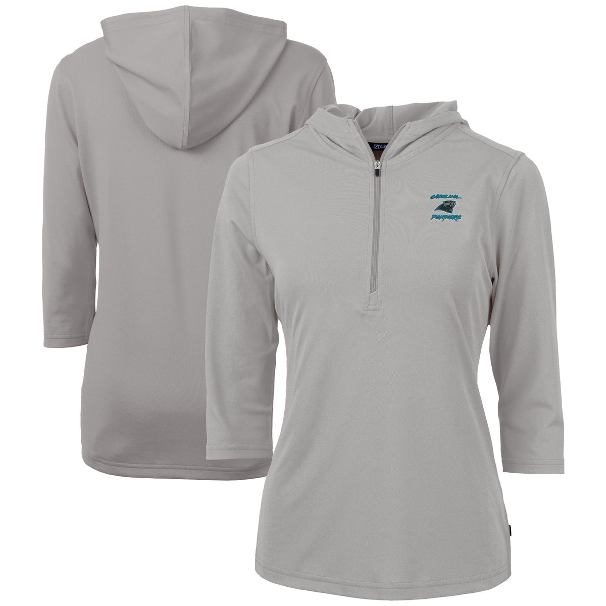 Women's Cutter & Buck Gray Carolina Panthers Throwback Logo Virtue DryTec Eco Pique Recycled 3/4-Sleeve Half-Zip Pullover Hoodie