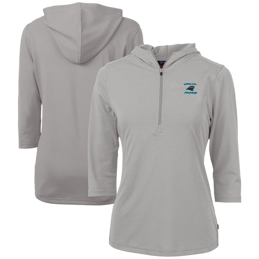 Women's Cutter & Buck Gray Carolina Panthers Throwback Logo Virtue DryTec Eco Pique Recycled 3/4-Sleeve Half-Zip Pullover Hoodie