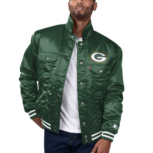 Men's Levi���s x Starter Green Green Bay Packers Silver Tab Trucker Full-Snap Jacket