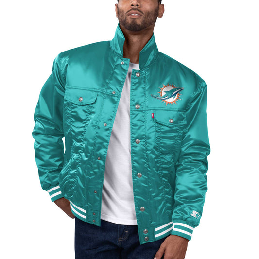 Men's Levi���s x Starter Aqua Miami Dolphins Silver Tab Trucker Full-Snap Jacket