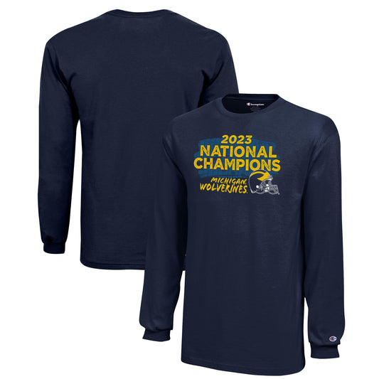 Youth Champion  Navy Michigan Wolverines College Football Playoff 2023 National Champions Long Sleeve T-Shirt