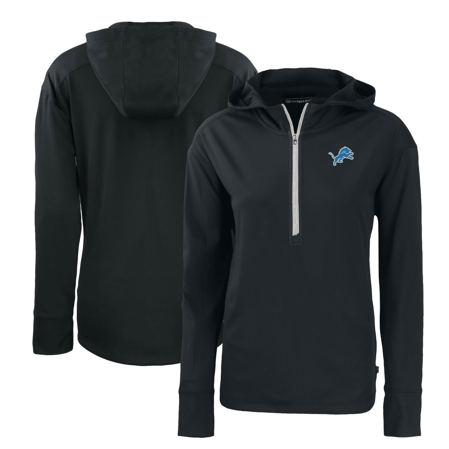 Women's Cutter & Buck Black Detroit Lions Primary Mark Daybreak Eco Recycled Half-Zip Hoodie