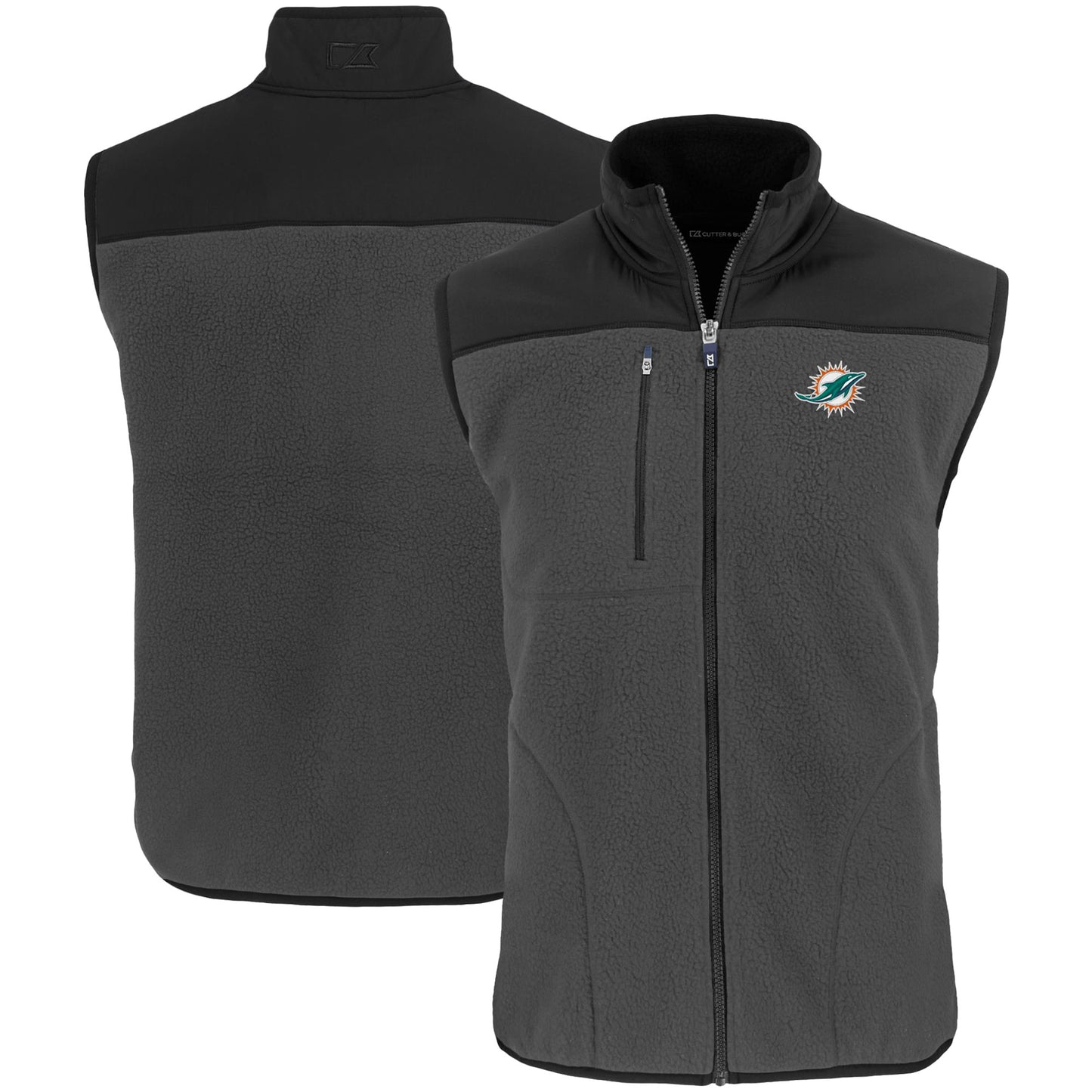 Men's Cutter & Buck Gray Miami Dolphins Primary Mark Cascade Eco Sherpa Fleece Full-Zip Vest