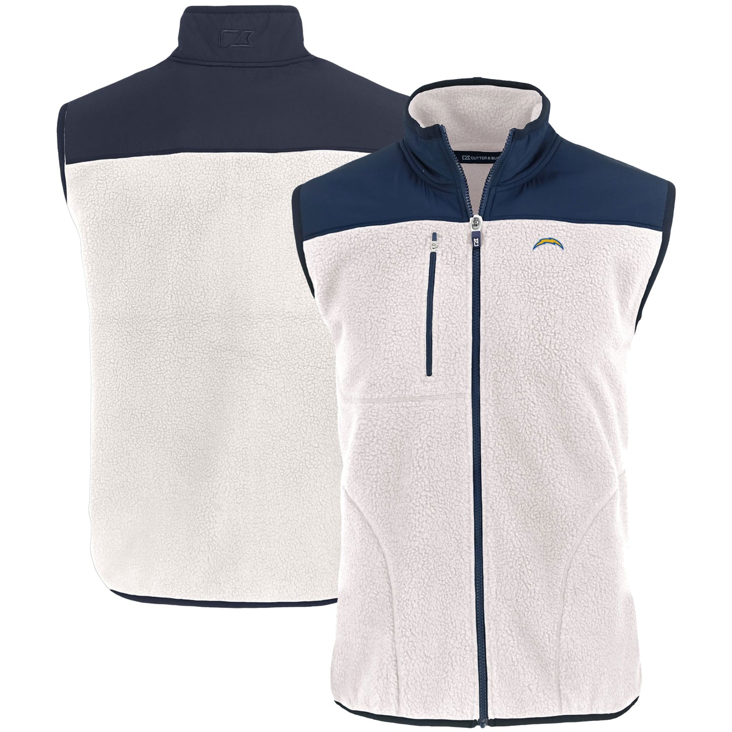 Men's Cutter & Buck Oatmeal Los Angeles Chargers Primary Mark Cascade Eco Sherpa Fleece Full-Zip Vest