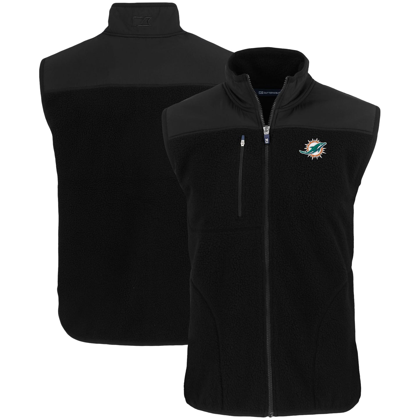 Men's Cutter & Buck Black Miami Dolphins Primary Mark Big & Tall Cascade Eco Sherpa Fleece Full-Zip Vest