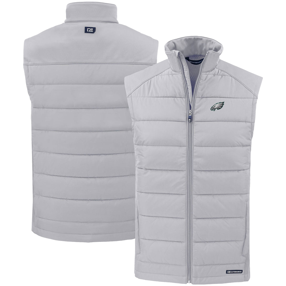 Men's Cutter & Buck Silver Philadelphia Eagles Primary Mark Evoke PrimaLoft Hybrid Eco Softshell Recycled Full-Zip Vest