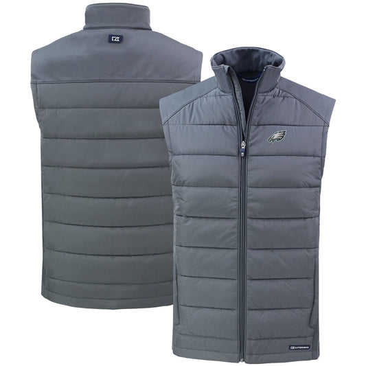 Men's Cutter & Buck Gray Philadelphia Eagles Primary Mark Evoke PrimaLoft Hybrid Eco Softshell Recycled Full-Zip Vest