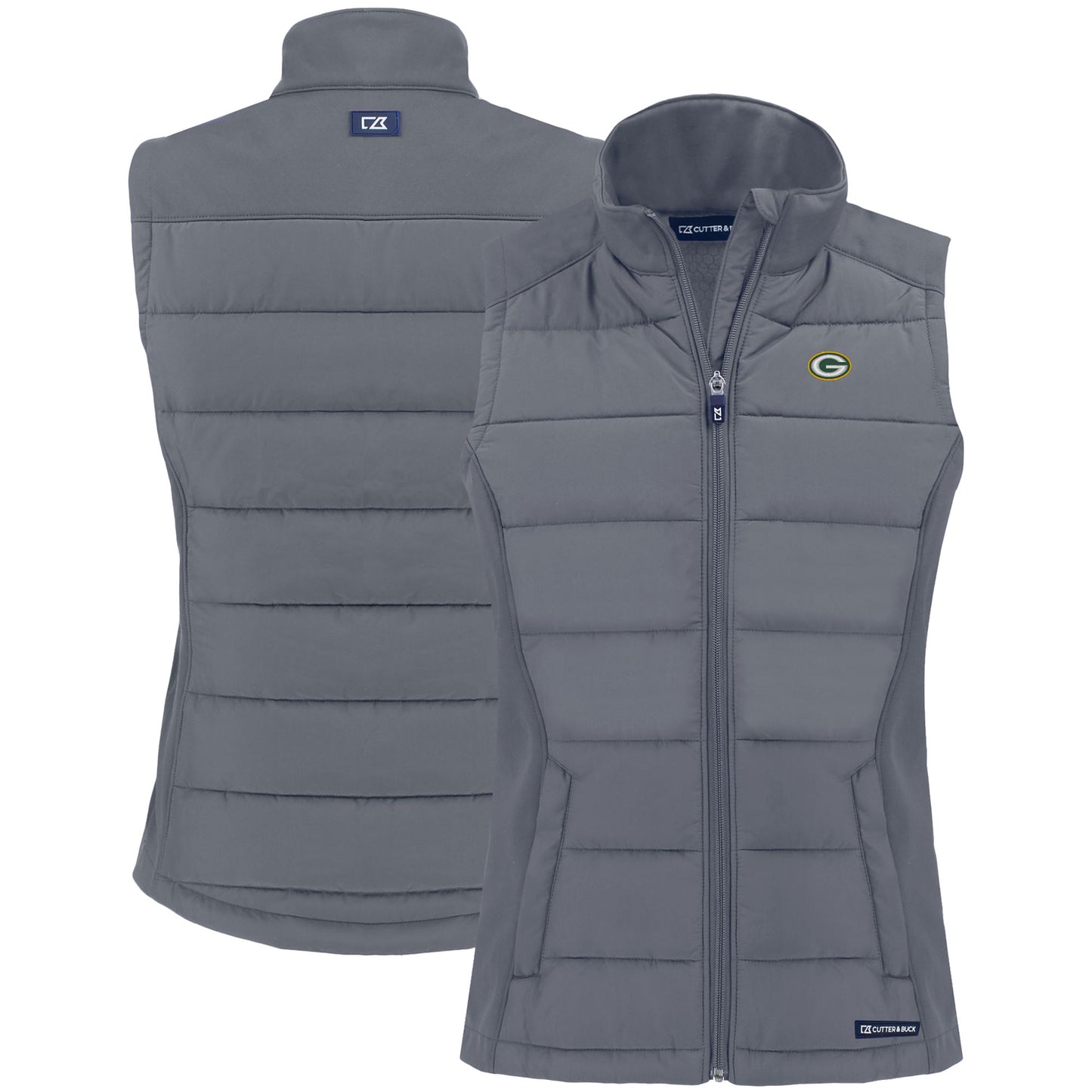 Women's Cutter & Buck Gray Green Bay Packers Primary Mark Evoke PrimaLoft Hybrid Eco Softshell Recycled Full-Zip Vest