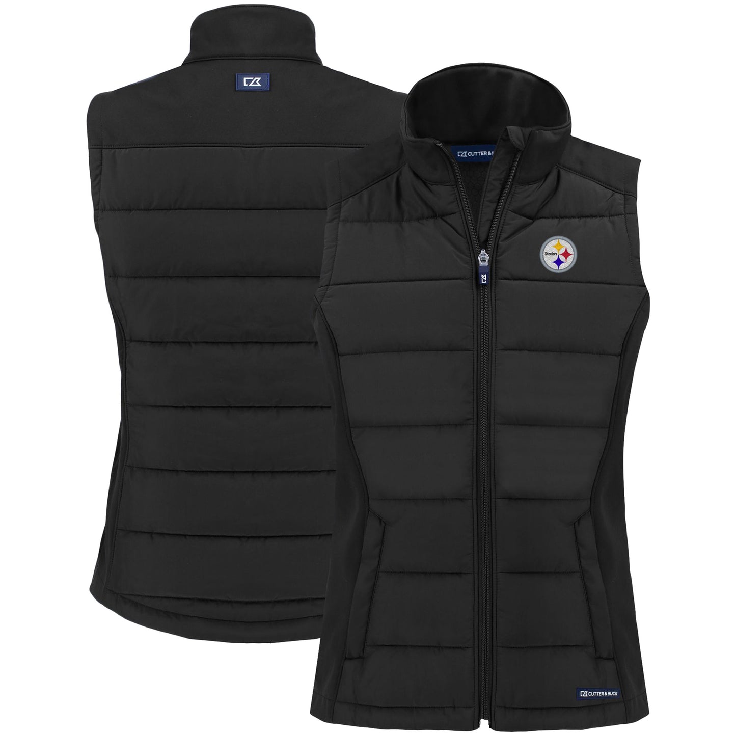 Women's Cutter & Buck Black Pittsburgh Steelers Primary Mark Evoke PrimaLoft Hybrid Eco Softshell Recycled Full-Zip Vest