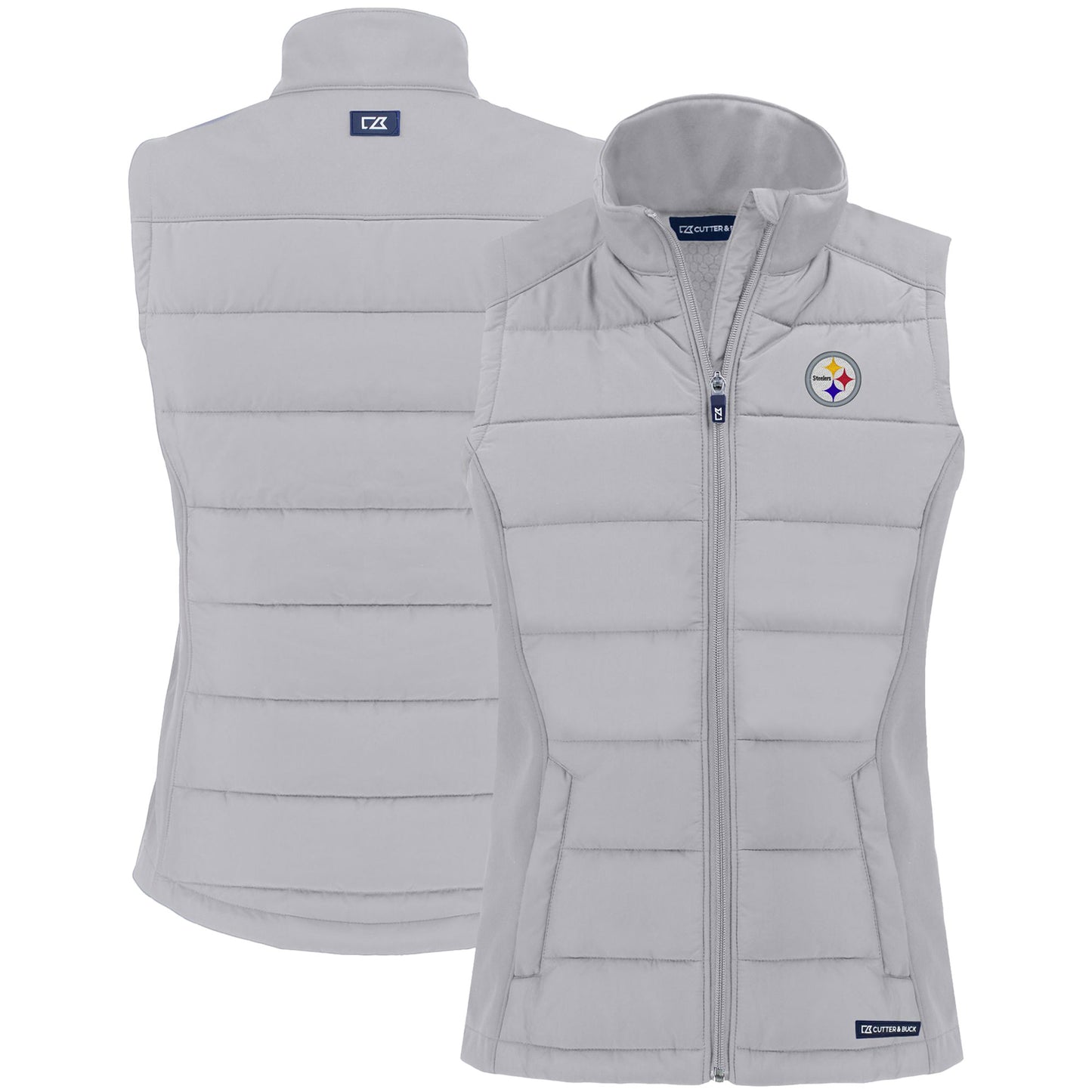 Women's Cutter & Buck Gray Pittsburgh Steelers Primary Mark Evoke PrimaLoft Hybrid Eco Softshell Recycled Full-Zip Vest