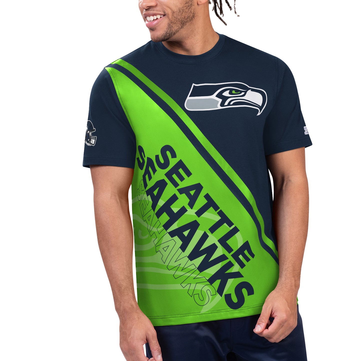 Men's Starter College Navy/Neon Green Seattle Seahawks Finish Line Extreme Graphic T-Shirt