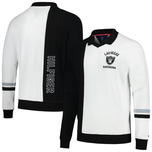 Men's Tommy Hilfiger Black/White Las Vegas Raiders Spencer Color Block Polo Raglan Pullover Sweatshirt