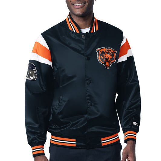 Men's Starter Navy Chicago Bears Satin Full-Snap Varsity Jacket