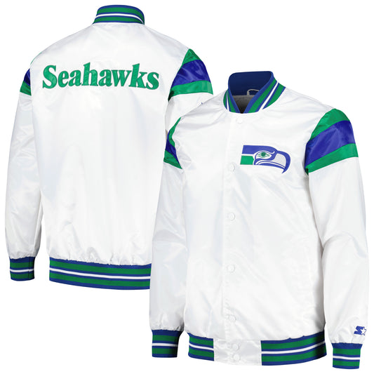 Men's Starter White/Royal Seattle Seahawks Vintage Satin Full-Snap Varsity Jacket