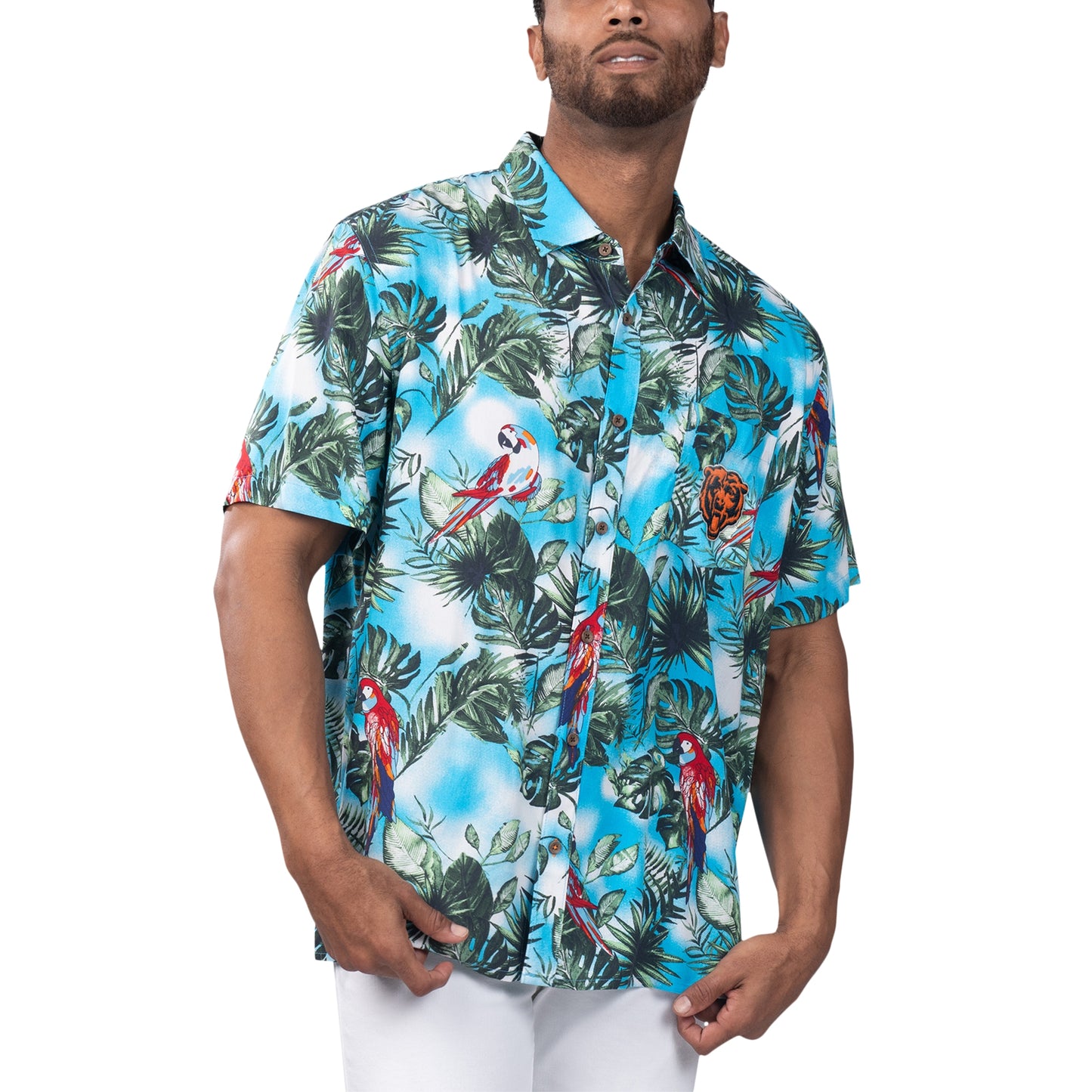 Men's Margaritaville Light Blue Chicago Bears Jungle Parrot Party Button-Up Shirt