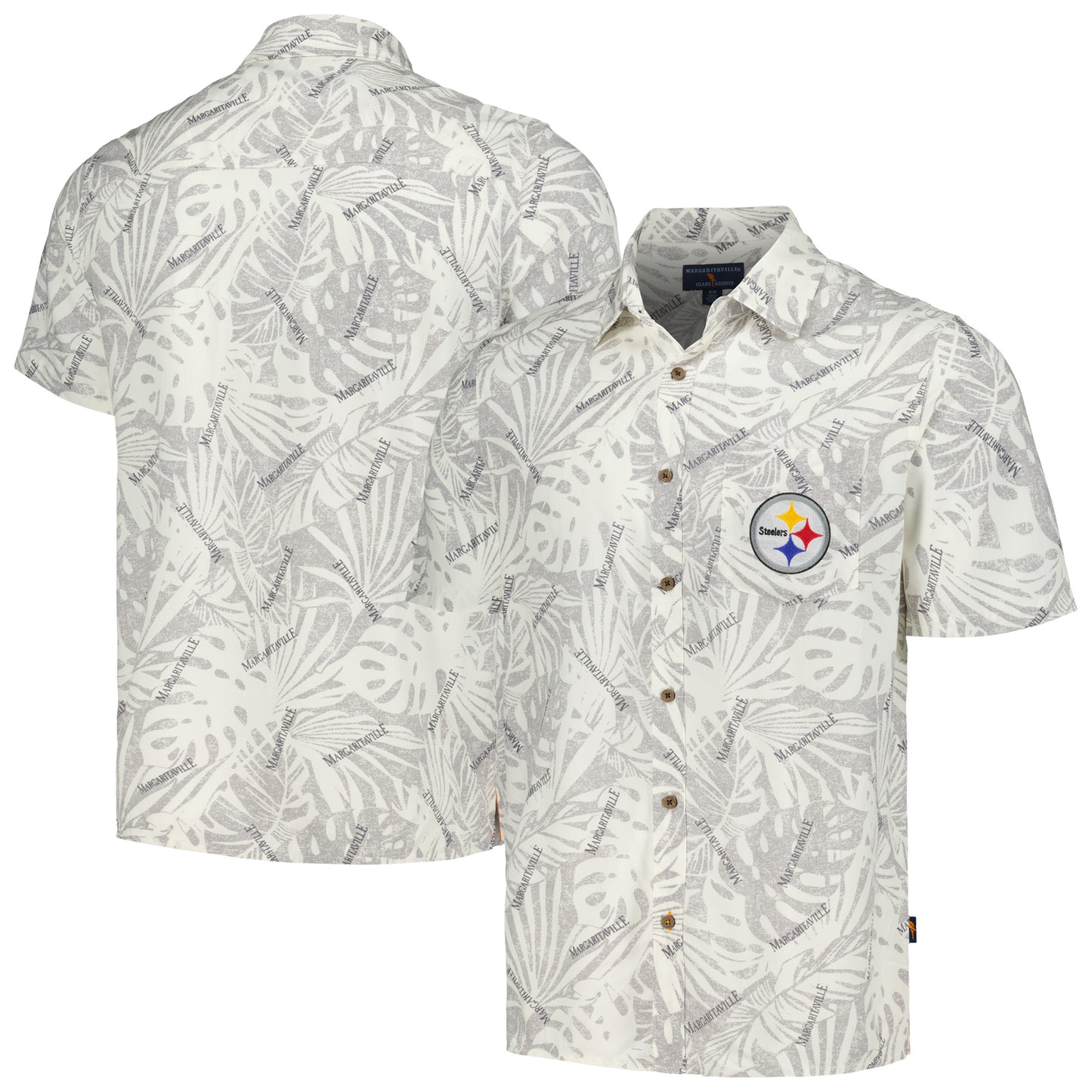 Men's Margaritaville Cream Pittsburgh Steelers Sand Washed Monstera Print Party Button-Up Shirt