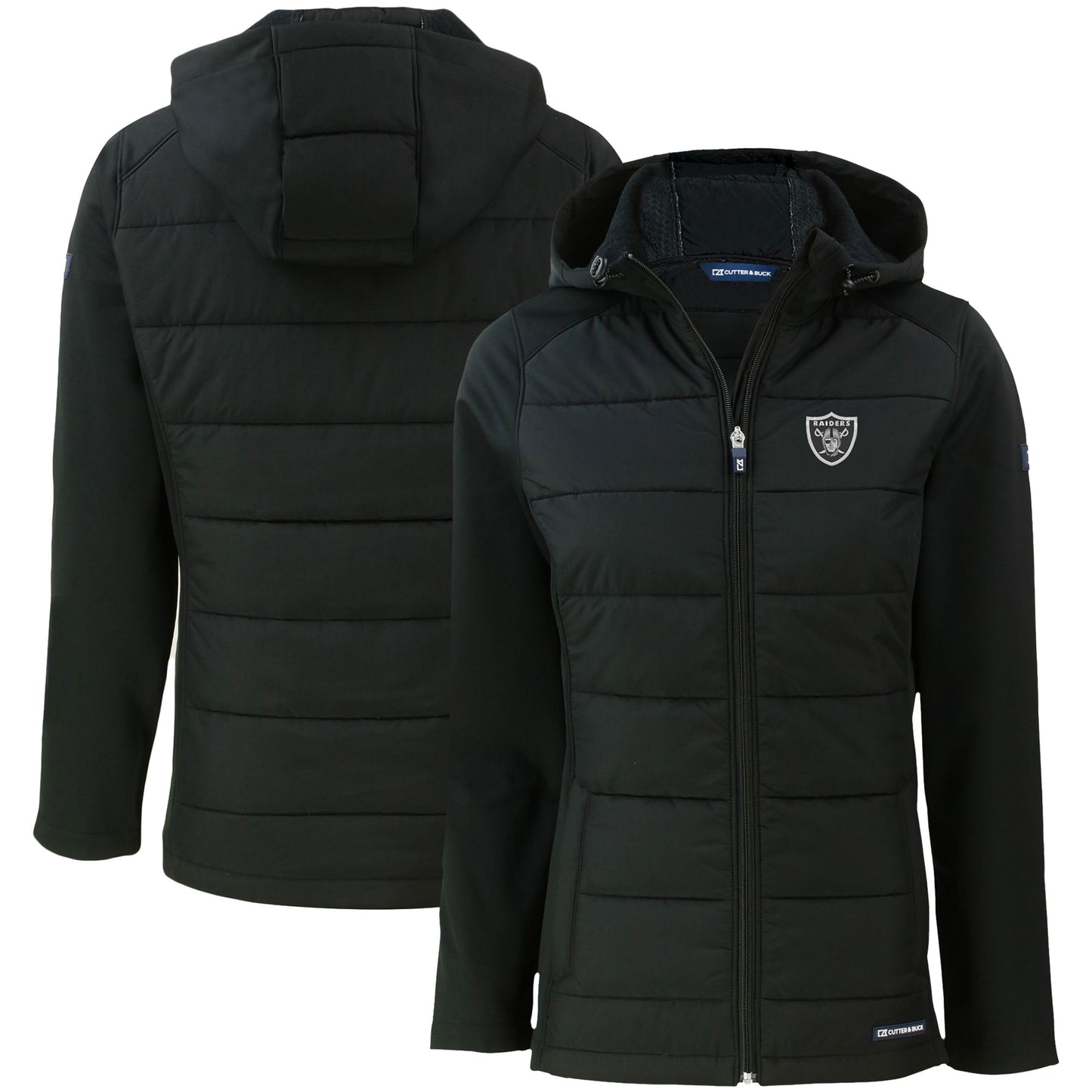 Women's Cutter & Buck Black Las Vegas Raiders Evoke PrimaLoft Hybrid Eco Softshell Recycled Full-Zip Hooded Jacket