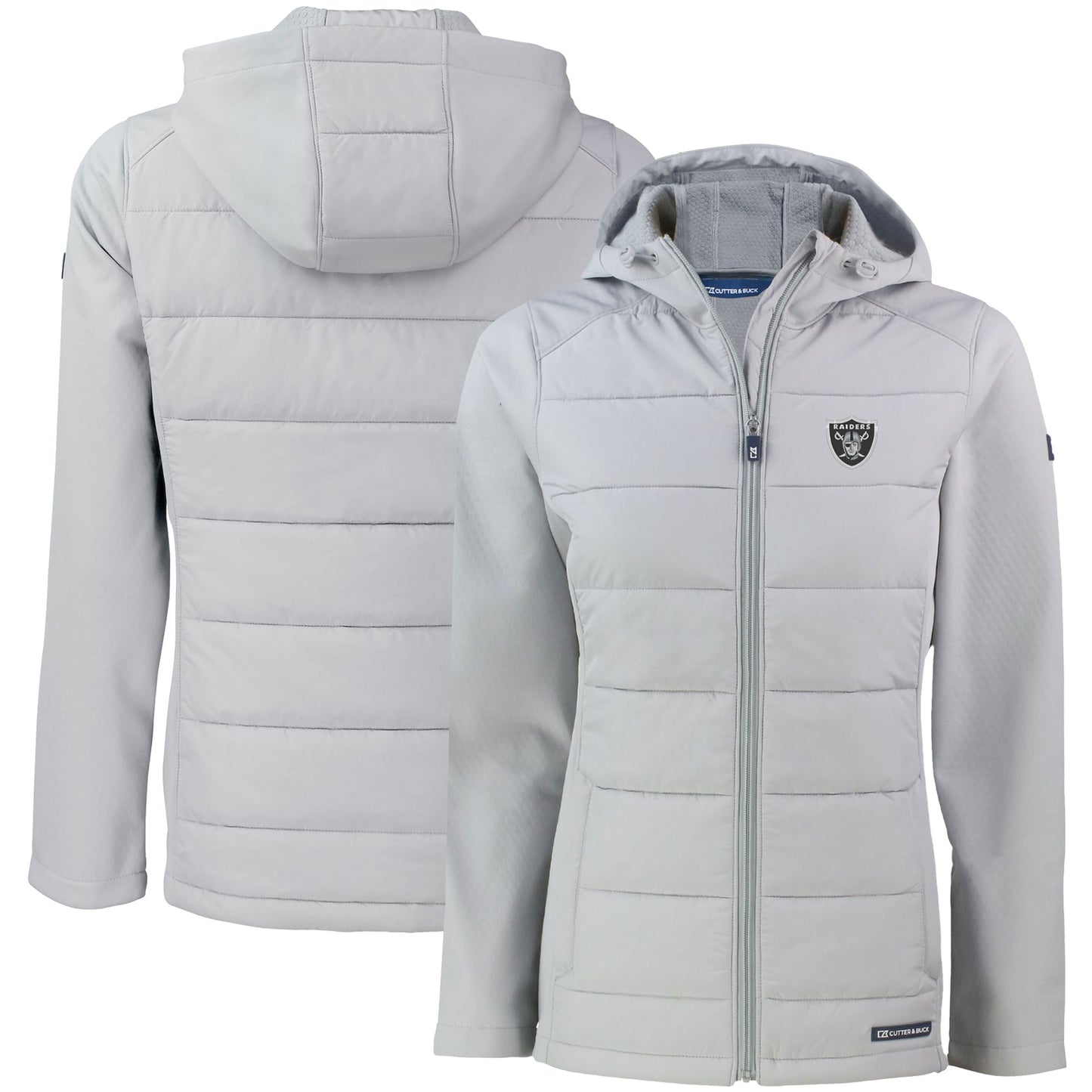 Women's Cutter & Buck Gray Las Vegas Raiders Evoke PrimaLoft Hybrid Eco Softshell Recycled Full-Zip Hooded Jacket