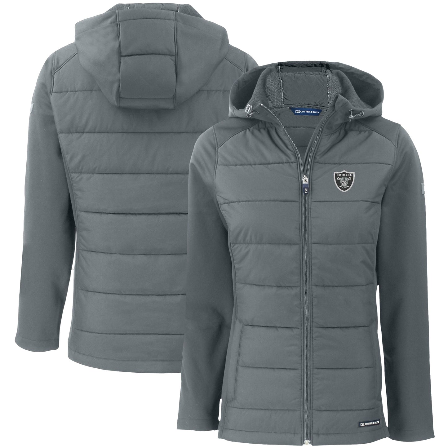 Women's Cutter & Buck Gray Las Vegas Raiders Evoke PrimaLoft Hybrid Eco Softshell Recycled Full-Zip Hooded Jacket