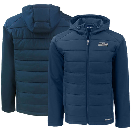 Men's Cutter & Buck College Navy Seattle Seahawks  Evoke PrimaLoft Hybrid Eco Softshell Recycled Full-Zip Hooded Jacket