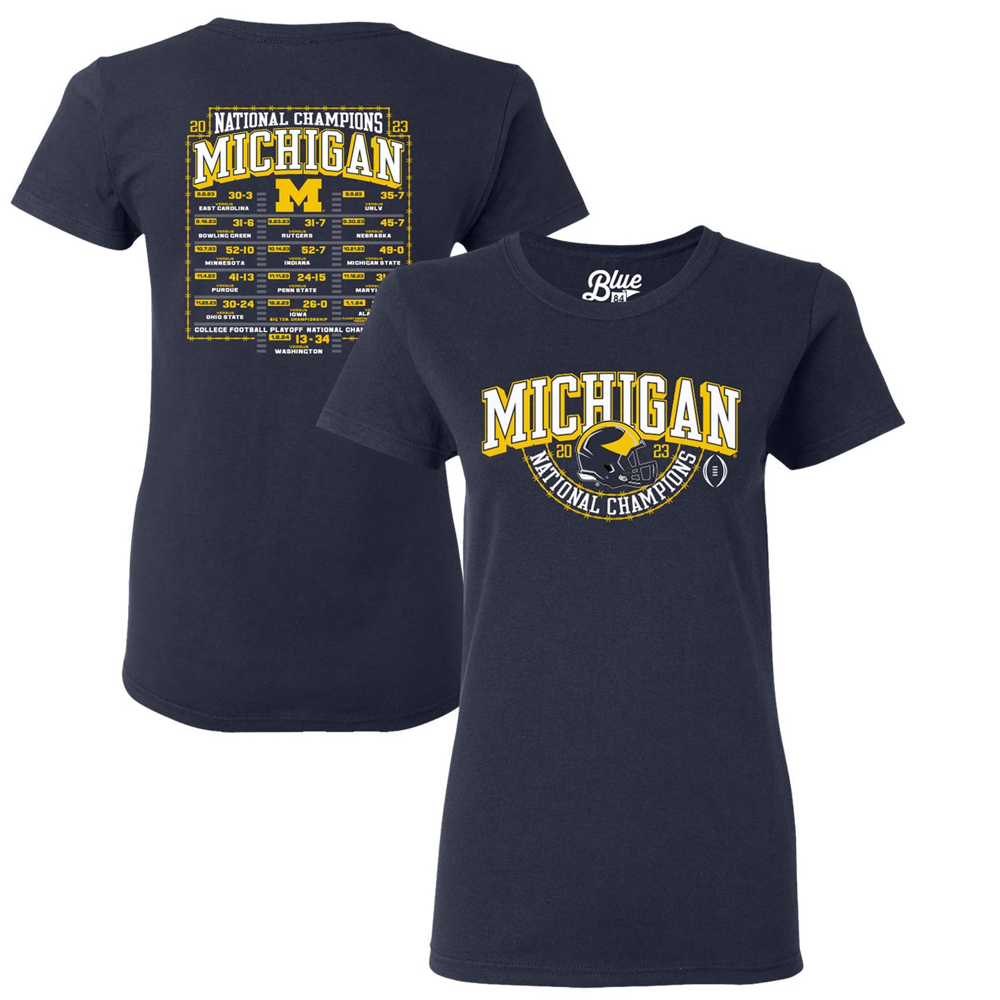 Women's Blue 84  Navy Michigan Wolverines College Football Playoff 2023 National Champions Gold Dust Schedule T-Shirt