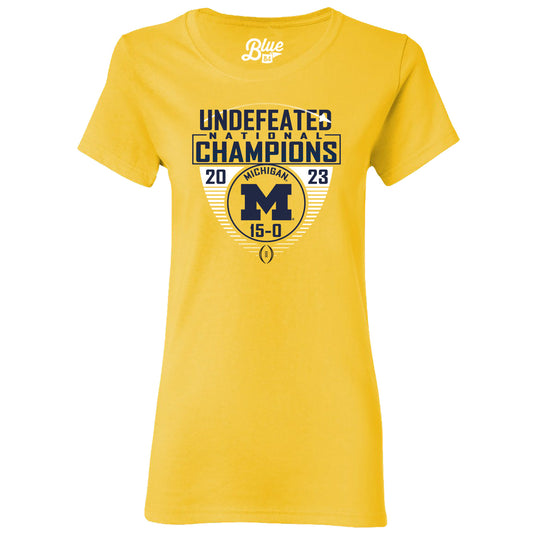 Women's Blue 84  Maize Michigan Wolverines College Football Playoff 2023 National Champions Draft Pick Undefeated T-Shirt