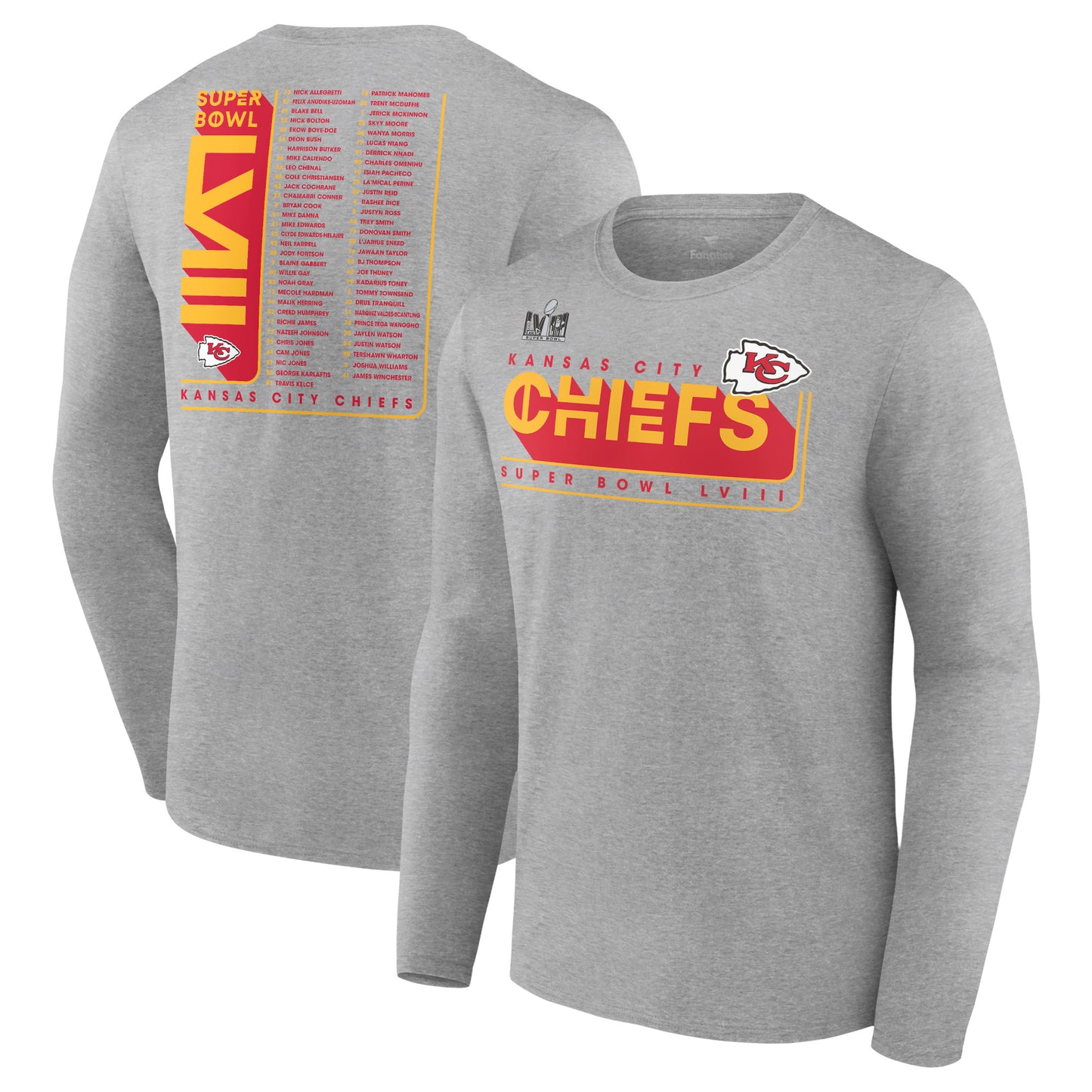 Men's Fanatics Heather Charcoal Kansas City Chiefs Super Bowl LVIII Roster Long Sleeve T-Shirt