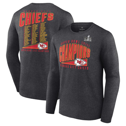 Men's Fanatics Heather Charcoal Kansas City Chiefs Super Bowl LVIII Champions Roster Best Teammates Long Sleeve T-Shirt