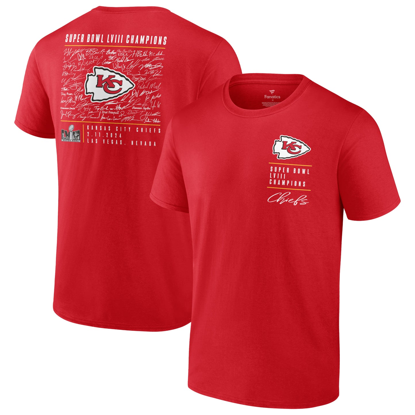 Men's Fanatics Red Kansas City Chiefs Super Bowl LVIII Champions Roster Autograph Signing T-Shirt