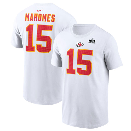 Men's Nike Patrick Mahomes White Kansas City Chiefs Super Bowl LVIII Patch Player Name & Number T-Shirt