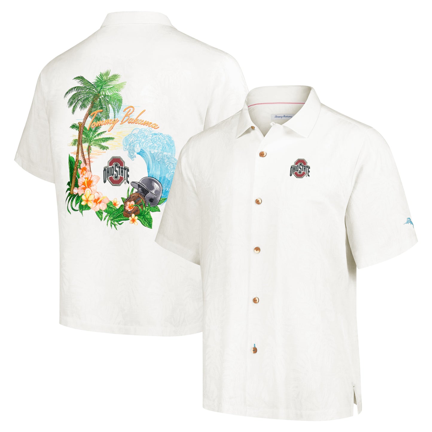 Men's Tommy Bahama Cream Ohio State Buckeyes Castaway Game Camp Button-Up Shirt