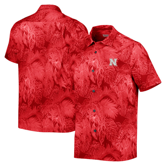 Men's Tommy Bahama Scarlet Nebraska Huskers Coast Luminescent Fronds IslandZone Button-Up Camp Shirt