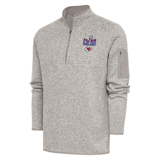 Men's Antigua Oatmeal Kansas City Chiefs Super Bowl LVIII Fortune Quarter-Zip Pullover Jacket