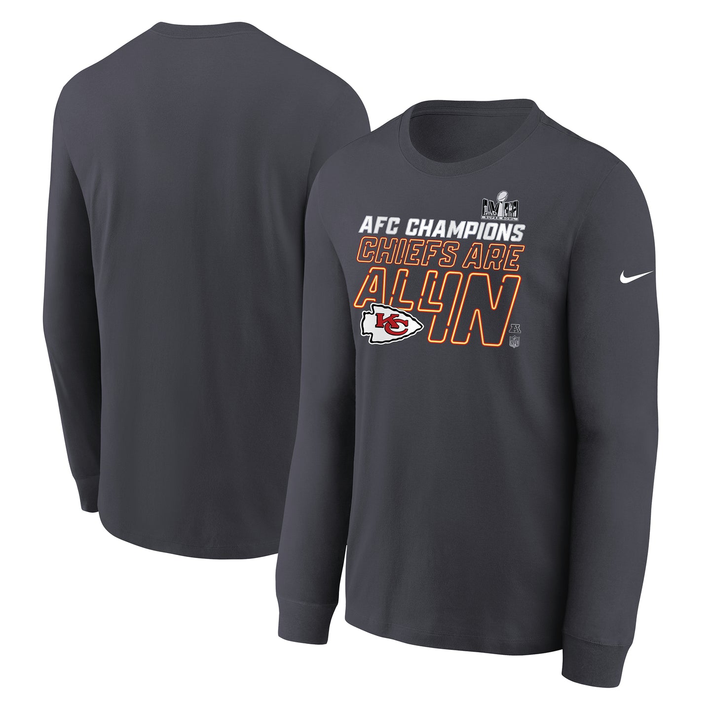 Youth Nike  Anthracite Kansas City Chiefs 2023 AFC Champions Locker Room Trophy Collection Long Sleeve T-Shirt