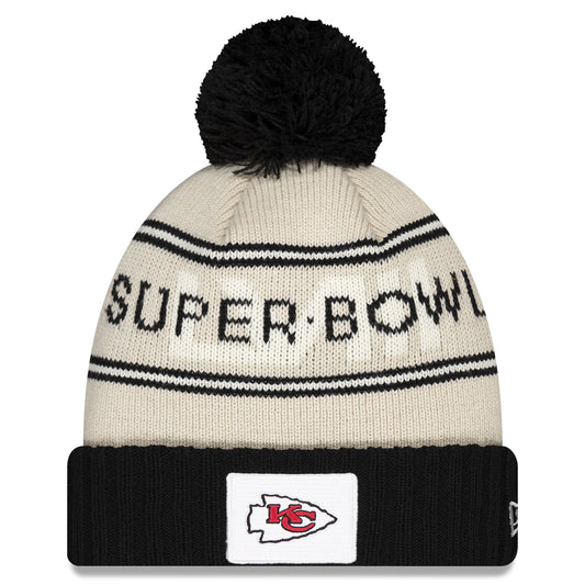 Men's New Era  Cream/Black Kansas City Chiefs Super Bowl LVIII Cuffed Knit Hat with Pom