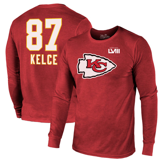 Men's Majestic Threads Travis Kelce Red Kansas City Chiefs Super Bowl LVIII Name & Number Tri-Blend Long Sleeve T-Shirt