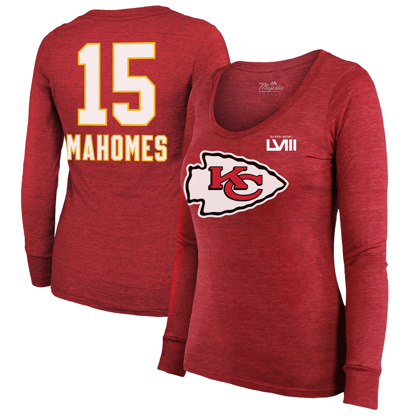 Women's Majestic Threads Patrick Mahomes Red Kansas City Chiefs Super Bowl LVIII Scoop Name & Number Tri-Blend Long Sleeve T-Shirt