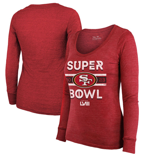 Women's Majestic Threads  Scarlet San Francisco 49ers Super Bowl LVIII Make It Happen Lightweight Tri-Blend Long Sleeve Scoop Neck T-Shirt