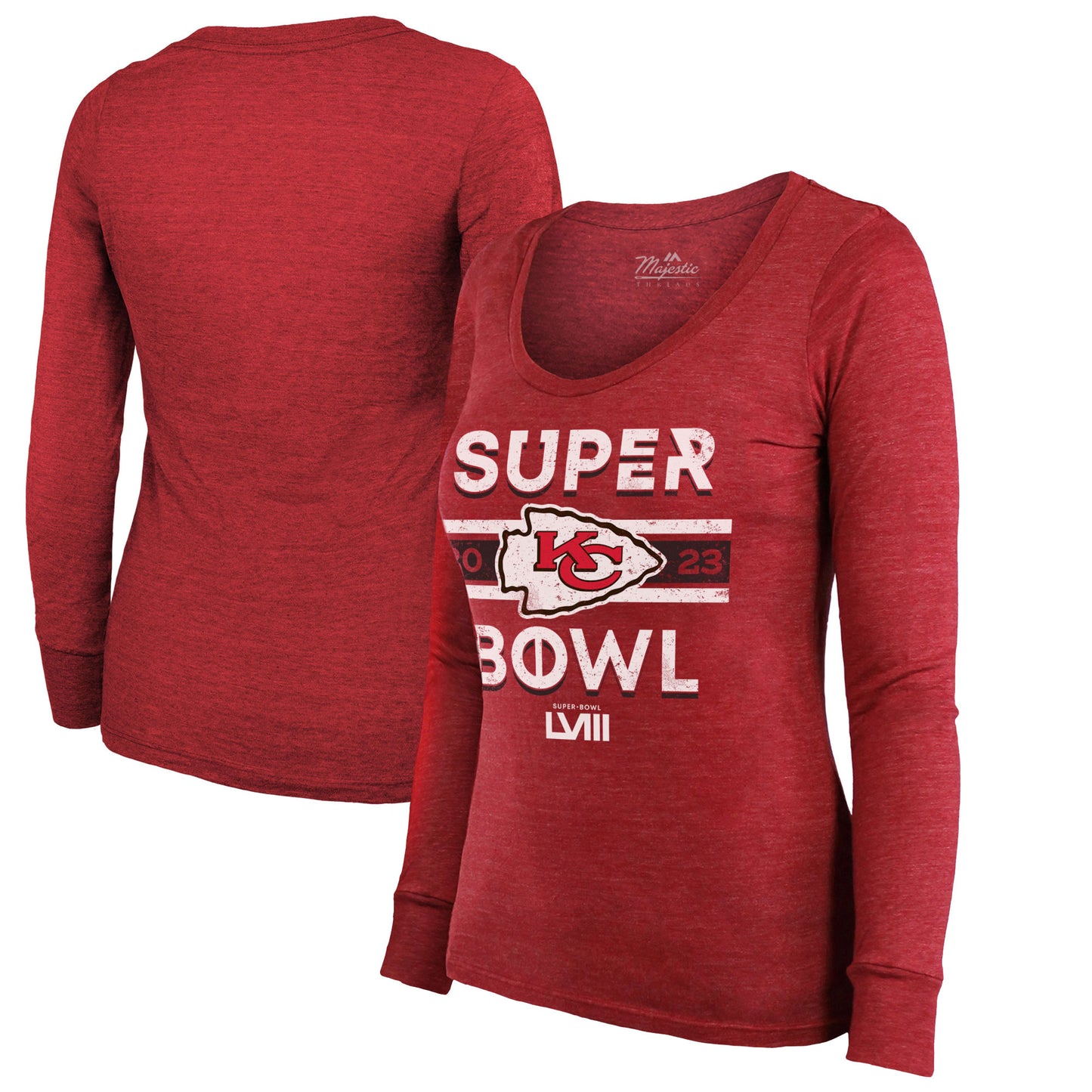 Women's Majestic Threads  Red Kansas City Chiefs Super Bowl LVIII Make It Happen Lightweight Tri-Blend Long Sleeve Scoop Neck T-Shirt